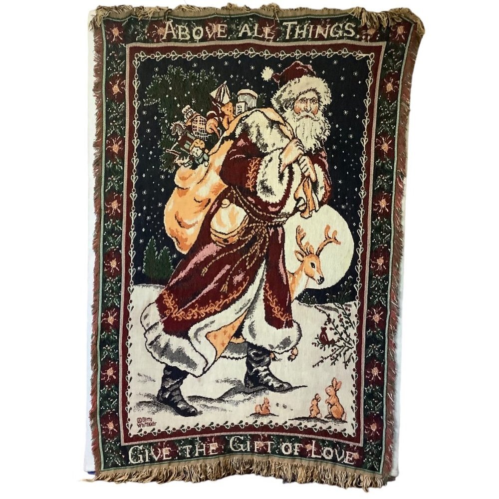 Vtg Beacon Betty Whittaker Woven Blanket Tapestry Santa Christmas Above All Love